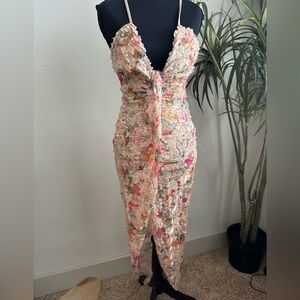 Blush pink sequin floral midi dress spaghetti strap S deep v plunging neckline